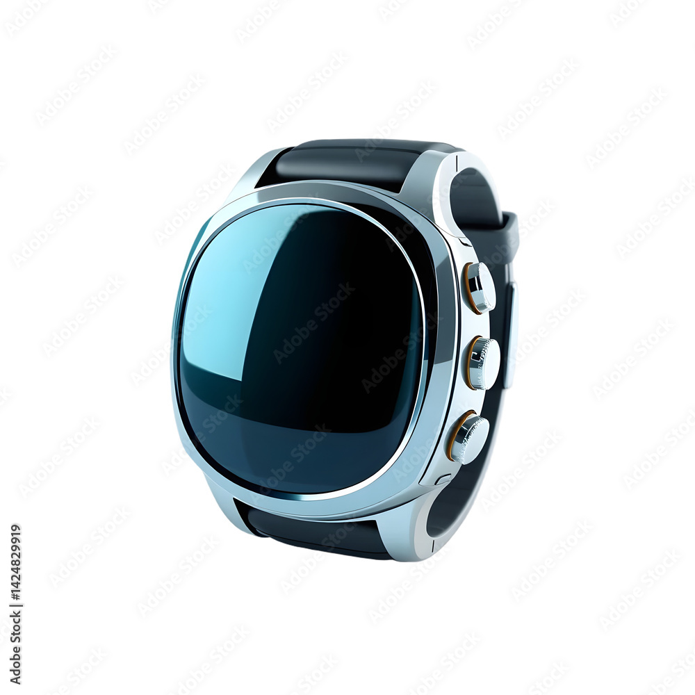 Poster Sleek High Tech Smartwatch, Fully Visible With A Shiny Display, Showing Modern Technology In A Plain View. Clean 3d Rendering On White Background Provides A Sharp, Clear Image.