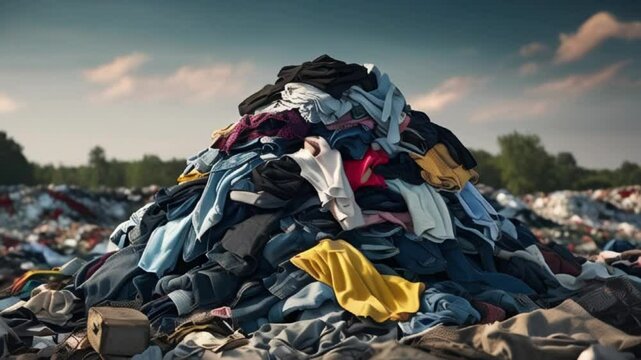 pile of old clothes in a landfill, fast fashion Garments factory waste, dumping sites, waste clothes Concept, Garment Wastes, Textile Garbage from factory outlet, created with generative ai