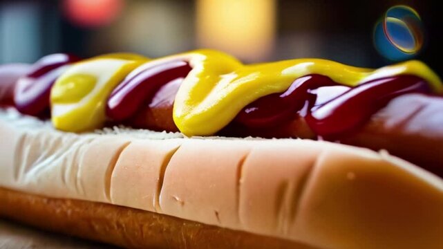 a hot dog with a long bun, topped with bright yellow mustard and red ketchup, creates a visually appealing and delicious image created with generative ai