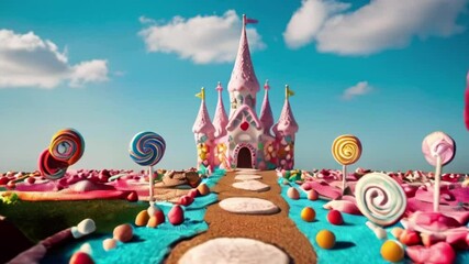 Fantasy Candy Land with Colorful Lollipops, Gingerbread Path, and Whimsical Castle Under a Bright Blue Sky created with generative ai - Powered by Adobe