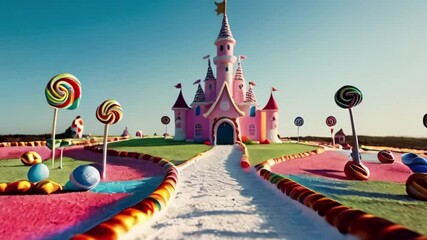 Fantasy Candy Land with Colorful Lollipops, Gingerbread Path, and Whimsical Castle Under a Bright Blue Sky created with generative ai - Powered by Adobe