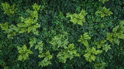 Naklejka premium Dense green foliage wall pattern, featuring ferns.