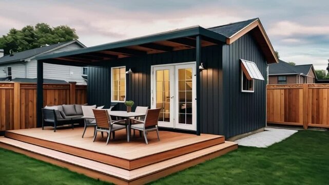 Modern accessory dwelling unit with wooden deck, patio furniture. Backyard cottage with dark gray exterior, light brown wooden accents created with generative ai