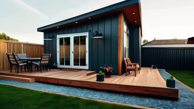Modern accessory dwelling unit with wooden deck, patio furniture. Backyard cottage with dark gray exterior, light brown wooden accents created with generative ai
