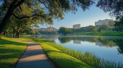 Serene Lakeside Walkway: A Picturesque Morning in the City