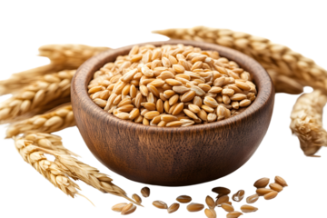 Wooden bowl of grains and wheat stalks