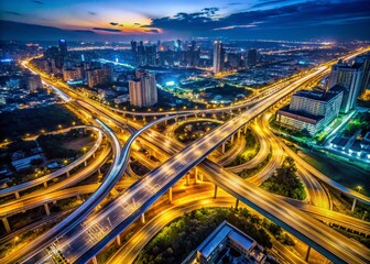 Aerial Night View: City Highway Network, Urban Development, Transportation Progress