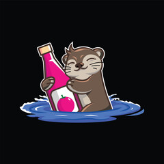 otter hug a bottle of sauce cartoon illustration mascot
