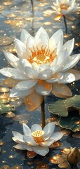 Luminous white lotus blossoms with golden accents float on dark, shimmering water, creating a magical, ethereal scene