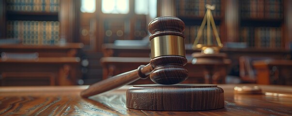 Gavel on a Wooden Table in a Courtroom Setting