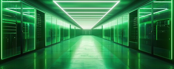 Fototapeta premium Green Neon Lit Server Room Corridor