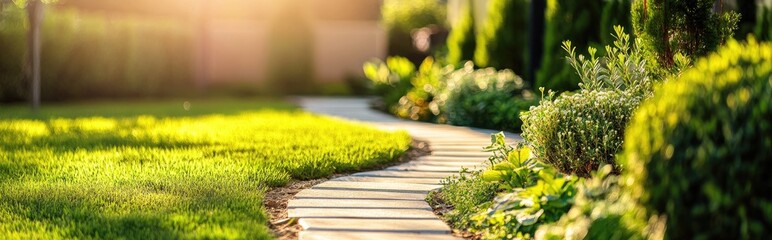 Sunlit garden path winding through lush greenery.