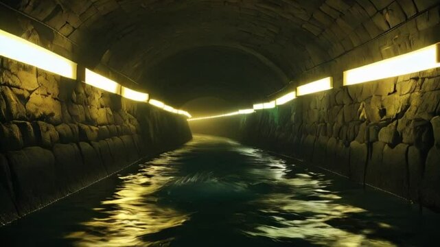 A dimly lit, atmospheric sewer tunnel with rough-hewn stone walls illuminated by flickering luminescent strips, casting an eerie glow on the murky, flowing water that ripples and eddies its way 