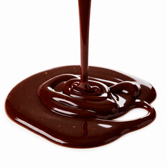 Chocolate syrup pouring isolated on white background. Sweet food concept.