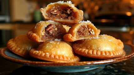 Golden pecan pastries, piled high on a plate.
