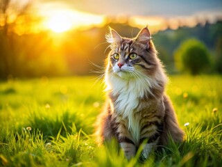 Obraz premium Aerial View of Adorable Fluffy Cat Relaxing Outdoors - Drone Photography