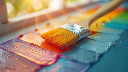 Fototapeta premium Paintbrush Laying on Colorful Swirls of Paint