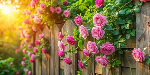 Fototapeta premium Aerial View of Blooming Rose Vines Climbing a Rustic Fence - Lush Pink Flowers