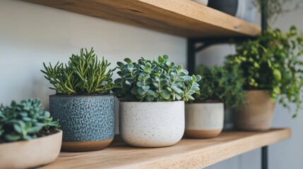 Succulents and greenery arranged on a wooden shelf.