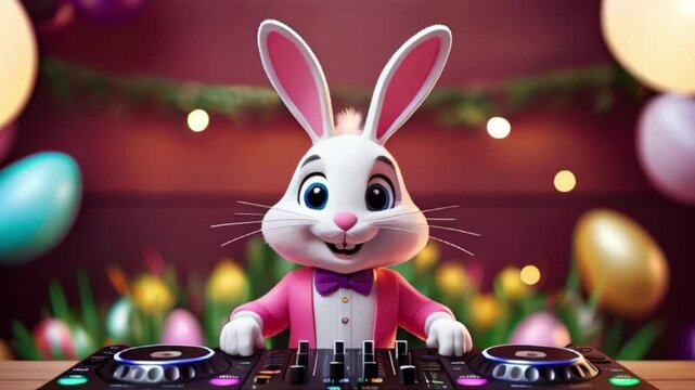 a DJ Bunny wearing dj headphone at the Easter Party background created with generative ai