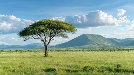 Vibrant Green Landscape with Isolated Acacia Tree
