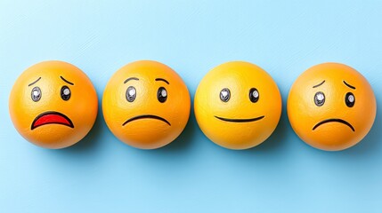 Expressive Oranges Displaying a Spectrum of Human Emotions on a Blue Background