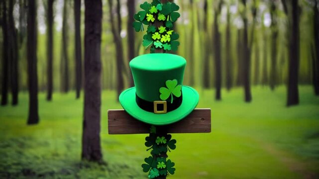 Green leprechaun hat is hanging on a EMPTY wooden sign decorated with shamrocks in a magical forest for st. Patrick's day created with generative ai