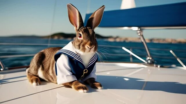 Luxury at Sea Stylish Brown Rex Rabbit in a Sailor Suit Relaxing on a Yacht created with generative ai