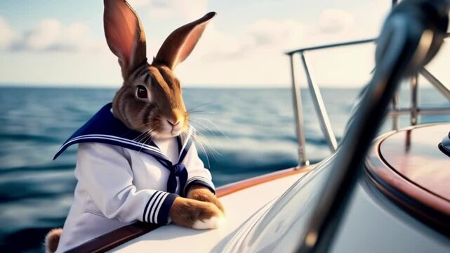 Luxury at Sea Stylish Brown Rex Rabbit in a Sailor Suit Relaxing on a Yacht created with generative ai