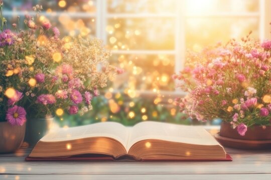 Open book on table, flowers, window. Sunlight through window, soft bokeh