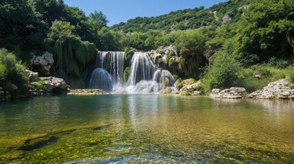 Fototapeta premium Serene Waterfall Cascading into a Crystal Clear Pool
