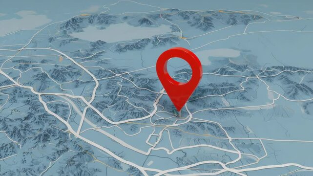 Isometric map of mountainous region with a red location pin designating a specific point of interest and travel destination.