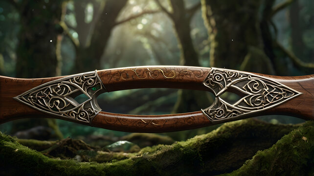 A highly detailed close-up of an elvish bow, crafted from elegant wood with flowing curves and intricate ornamental carvings on softly blurred forest background