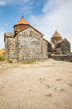 Western Asia, Eurasia, South Caucasus, Republic of Armenia.Sevan. The churches of Surp Arakelots (right) and Surp Astvatsatsin (left), at the Sevanavank Monastery complex on Lake Sevan.
