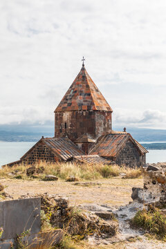 Western Asia, Eurasia, South Caucasus, Republic of Armenia. Sevan. The church of Surp Arakelots at the Sevanavank Monastery complex on Lake Sevan.