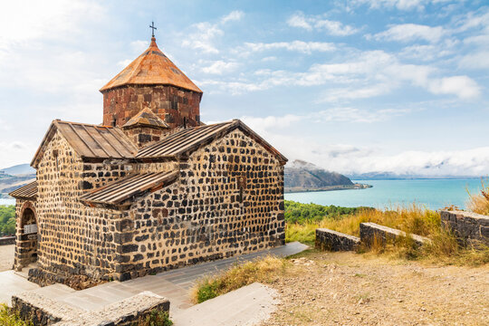 Western Asia, Eurasia, South Caucasus, Republic of Armenia. Sevan. The church of Surp Astvatsatsin at the Sevanavank Monastery complex on Lake Sevan.