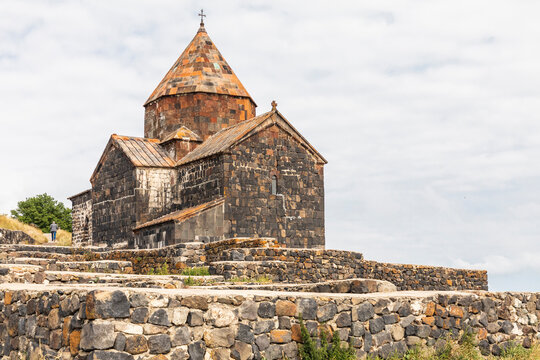 Western Asia, Eurasia, South Caucasus, Republic of Armenia. Sevan. The church of Surp Arakelots at the Sevanavank Monastery complex on Lake Sevan.