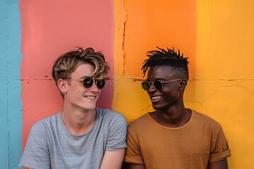 Two Friends Smiling at Each Other Against Colorful Wall