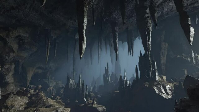 Dramatic, low angle view of a large cave with long hanging stalactites, illuminated by a faint, ethereal light source in the distance