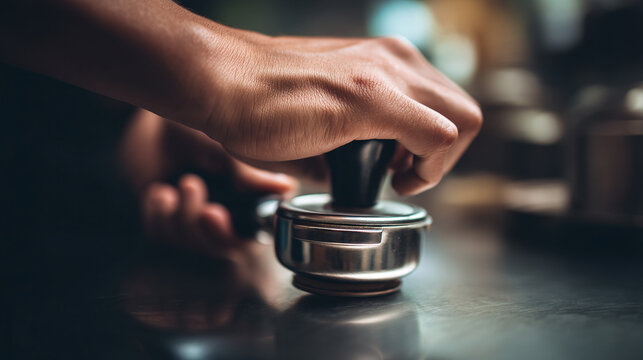 Making espresso coffee with tamper barista hand preparing ground coffee in portafilter for espresso machine - Powered by Adobe