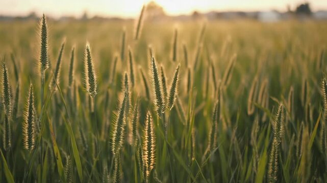 Close-up of backlit foxtail weeds in a field during sunset creating a warm, dreamy, and picturesque rural environment.