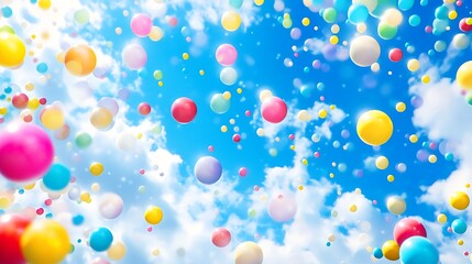 A vibrant sky filled with colorful balloons against a backdrop of fluffy clouds.