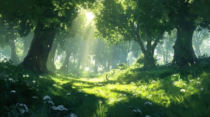 Beautiful sunlit forest with a path and small flowers