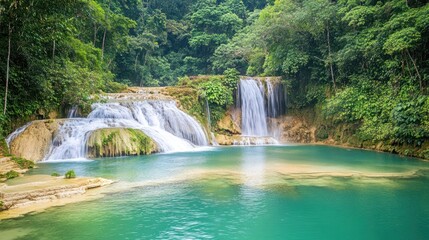 Fototapeta premium Serene Waterfall in Lush Tropical Paradise