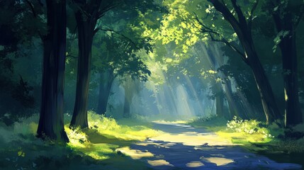 Fototapeta premium A vibrant sunlit path meandering through a lush green forest