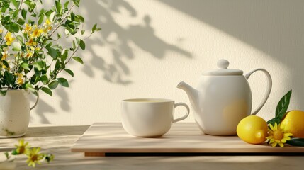 Fototapeta premium Serene Tea Setting with Citrus Fruit and Flowers