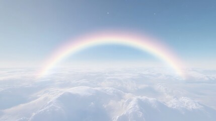 A serene sky featuring a soft rainbow arching over fluffy clouds.