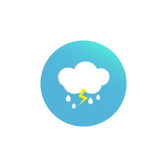 Storm cloud icon. Rain thunder vector. Lightning weather symbol. Blue round background.