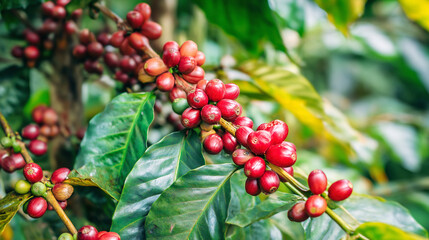 Obraz premium Coffee plant with red berries growing on tree branch agriculture farm plantation harvest organic 100 arabica
