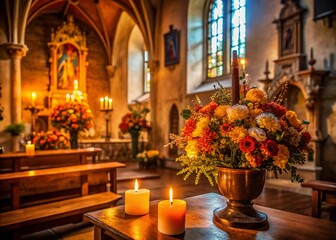 All Saints Day: Candles, Flowers, and Religious Symbols in a Church Setting